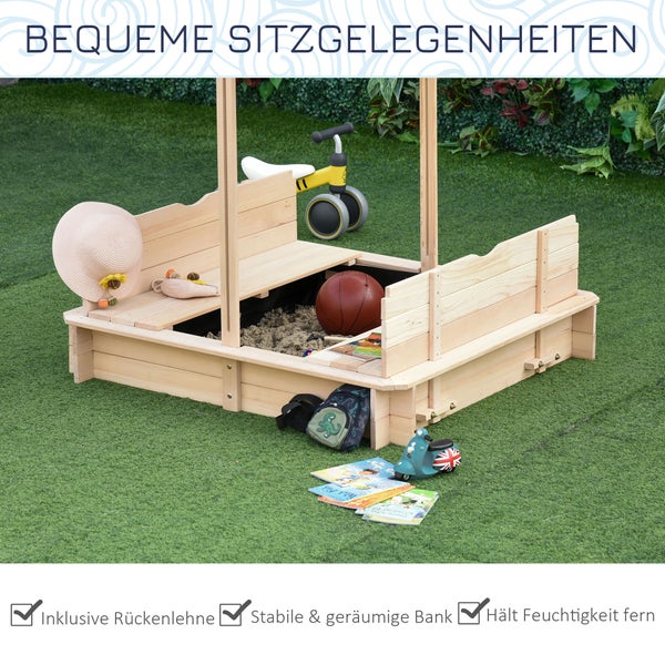 Holzsandkasten mit Rückenlehne, Bank und Stauraum für Kinderspielzeug