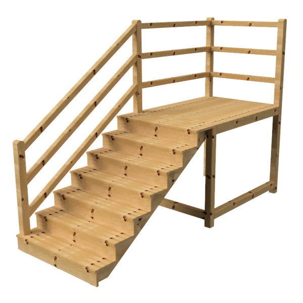 Holztreppe mit Geländer und Podest für den Garten