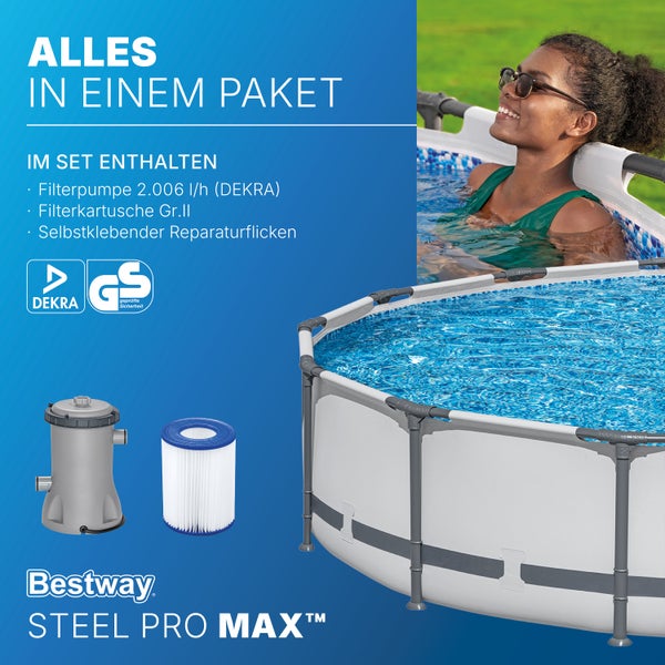 Bestway Steel Pro Max Pool Set mit Filterpumpe 2006 Liter pro Stunde, Filterkartusche und Reparaturflicken. DEKRA Logo und Siegel Geprüfte Sicherheit.