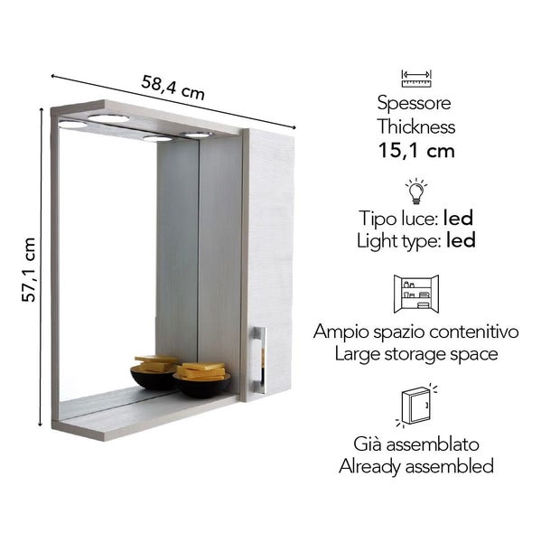 Spiegelschrank mit LED-Beleuchtung, Breite 58,4 Zentimeter, Höhe 57,1 Zentimeter, Tiefe 15,1 Zentimeter, bereits montiert.