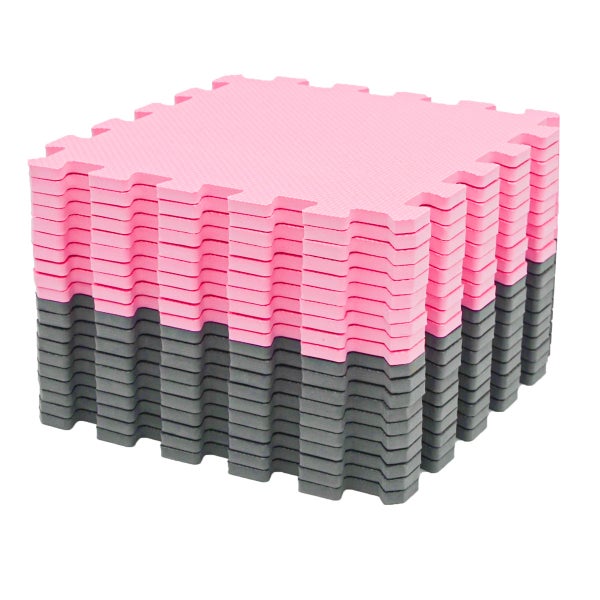 Stapelbare Bodenschutzmatten aus Schaumstoff in Puzzleform mit verzahnten Rändern in Rosa und Grau.
