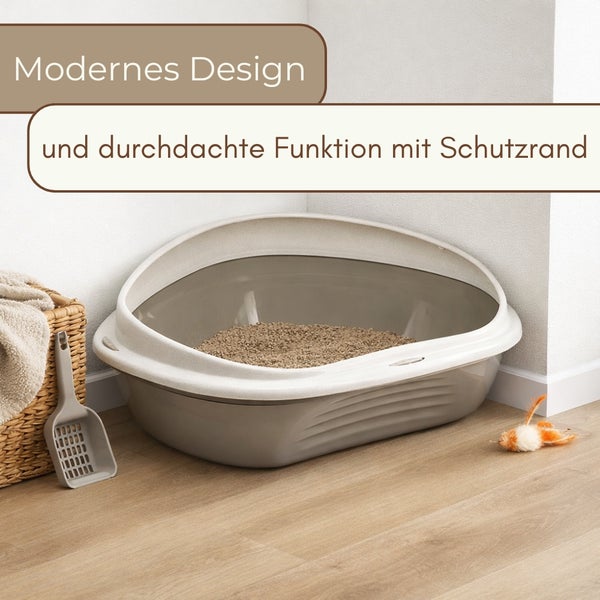 Modernes Kunststoff-Katzenklo mit hohem Schutzrand und Streuschaufel in einem hellen, organisierten Raum mit Holzboden.