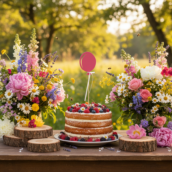 Mehrstöckige Beerentorte und bunte Wildblumensträuße auf einem rustikalen Holztisch in einem hellen Garten.