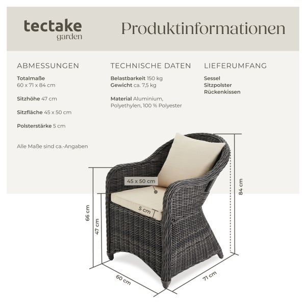 Rattansessel tectake  71 x 60 x 84 cm mit Aluminiumgestell grau
