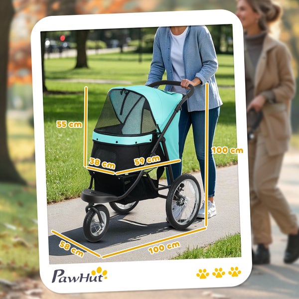 PawHut Hundewagen Jogger Hundebuggy klappbar für kleine Hunde & Katzen bis 10 kg Katzenbuggy mit 3 große Gummiräder, Kissen Netzfenstern Aufbewahrungskorb Katzenwagen mit Sicherheitsleinen, Türkis