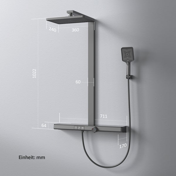 EMKE Duschsystem mit Thermostat, Duscharmatur Komplettset, 36 cm eckige Regendusche, 3 Wasserauslässe, Handbrause mit 3 Strahlarten, KTW-zertifiziert, 71 cm Ablagearmatur, 1,5 m Brauseschlauch, Matt Schwarz