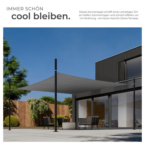 Terrasse mit Sonnensegel und Gartenmöbeln für einen schattigen, organisierten Außenbereich