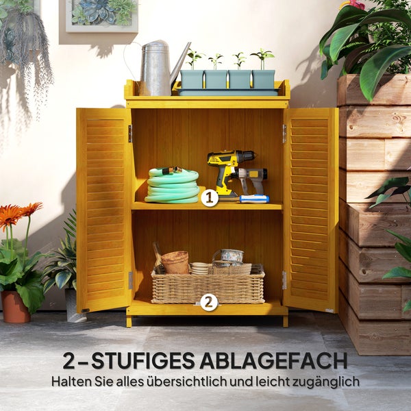 Outsunny Gartenschrank Holz, Geräteschuppen mit Arbeitsfläche, wetterfest Geräteschrank, 65,5x40x98,5cm, Gerätehaus mit Lamellentür, Ablagen, Werkzeugschrank Gartenschuppen für Garten, Terrasse, Gelb