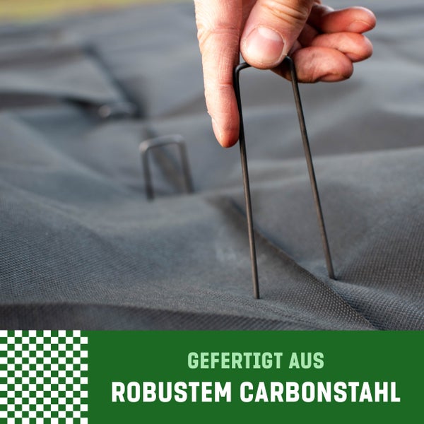 GardenGloss® Erdanker aus Stahl unverzinkt (250 Stück) - Stabile Heringe / Bodenanker für Unkrautvlies, Gartenvlies, Zaun & Netz - Metallheringe 150 MM Lang, 25 MM Breit, Ø 2.7 MM