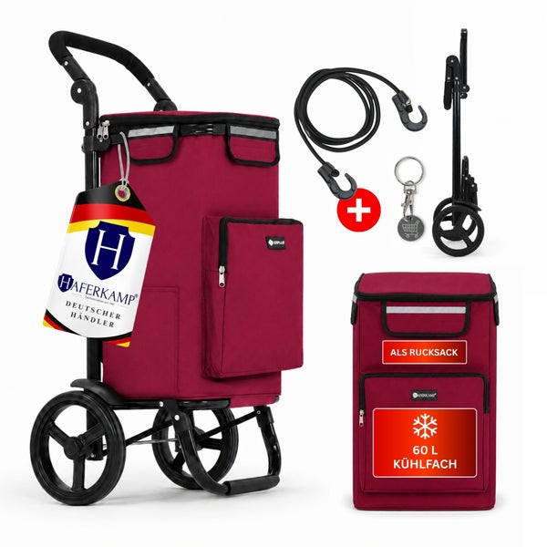 Einkaufstrolley mit abnehmbarer Tasche als Rucksack, 60-Liter-Kühlfach, zusammenklappbarem Gestell, Spanngurt und Einkaufswagenlöser.