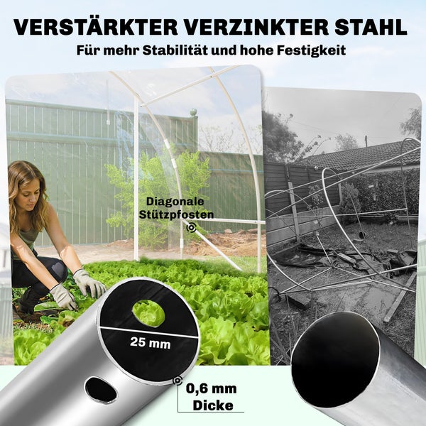 Verstärkte verzinkte Stahlrohre für Gewächshäuser mit 25 Millimeter Durchmesser und 0,6 Millimeter Dicke sowie diagonale Stützpfosten.