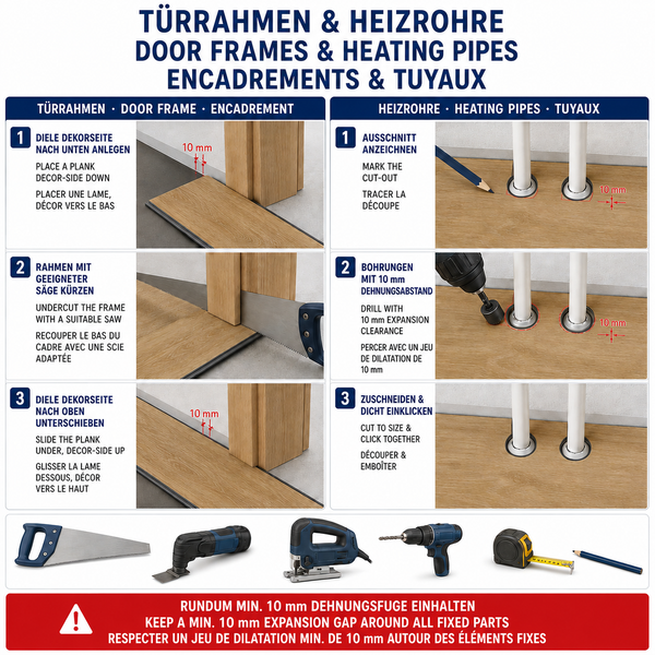 Anleitung zur Verlegung von Laminatboden an Türrahmen und Heizungsrohren mit Hinweisen zum 10 Millimeter Dehnungsabstand.