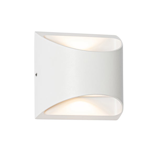 Weiße Außenwandleuchte mit Up-and-Down-Lichtstrahl und geschwungenem Design.