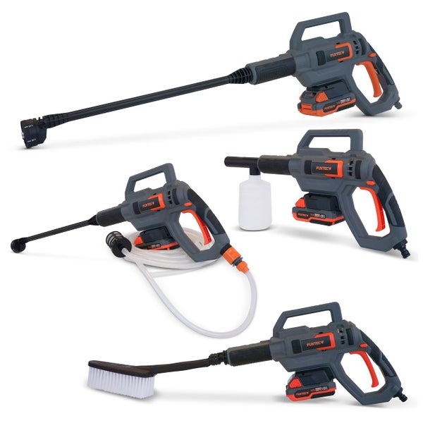 Fuxtec Akku Hochdruckreiniger 20 Volt inklusive Sprühlanze, Schaumdüse mit Flasche, Ansaugschlauch und Waschbürste.