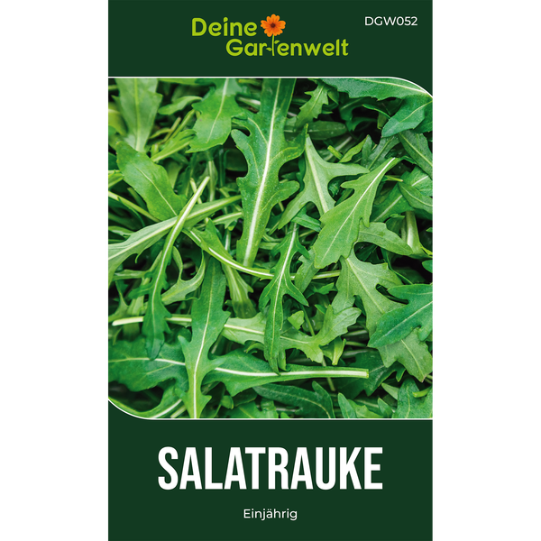 Samentüte für Salatrauke von Deine Gartenwelt mit einer Nahaufnahme von frischen, grünen Rucolablättern.