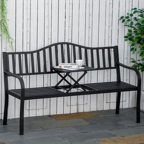 Outsunny Gartenbank, mit ausziehbarem Tisch für 2 Personen 150 x 58,5 x 90 cm, Schwarz