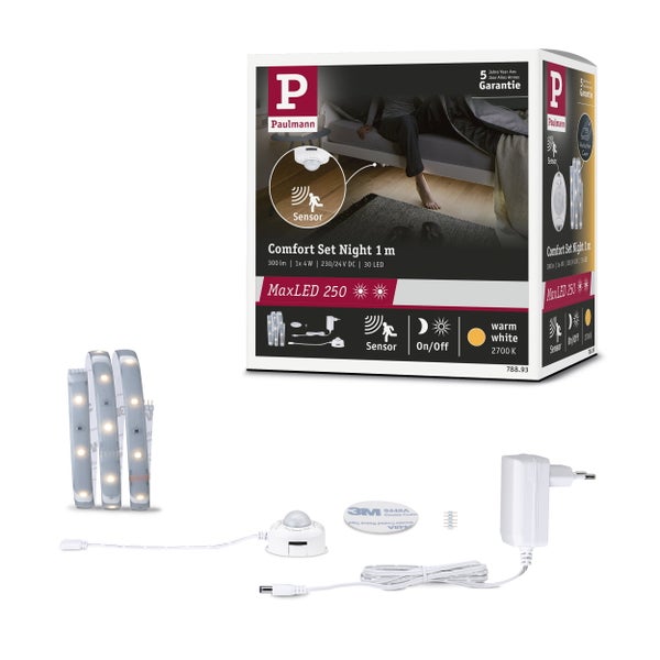 Produktverpackung eines Paulmann LED Streifen Set mit Bewegungsmelder, technischen Daten und Montageanleitung.
