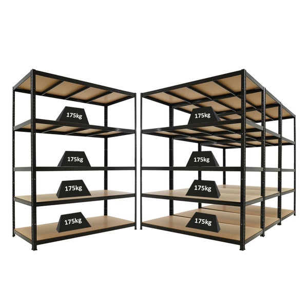 Schwerlastregal aus schwarzem Metall mit Holzböden, Tragkraft 175 Kilogramm pro Fachboden.