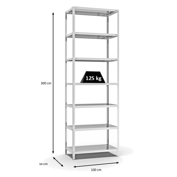 PROREGAL Fachbodenregal Schraubsystem Light-Duty Grundregal HxBxT 300 x 100 x 50 cm 7 Ebenen Fachlast 125 kg Beidseitig Nutzbar Lichtgrau