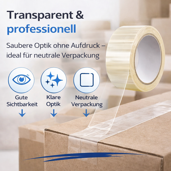 Transparentes Klebeband auf einem Karton für professionelle, neutrale Verpackungen mit guter Sichtbarkeit.