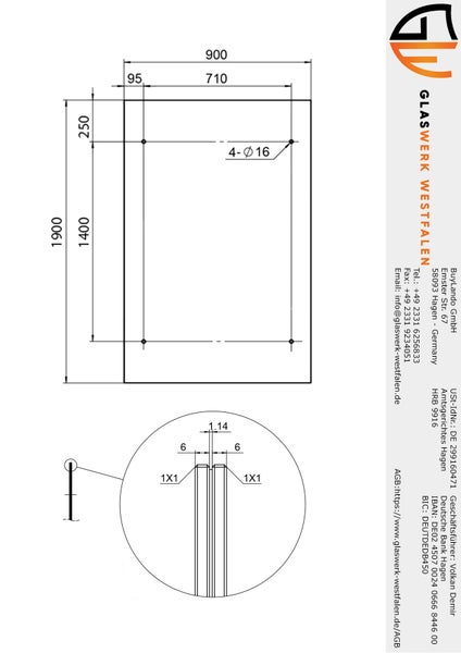 Technische Zeichnung einer Glaswerk Westfalen Platte, Maße 900 mal 1900 Millimeter, vier Bohrungen mit 16 Millimeter Durchmesser, Glaswerk Westfalen Logo.