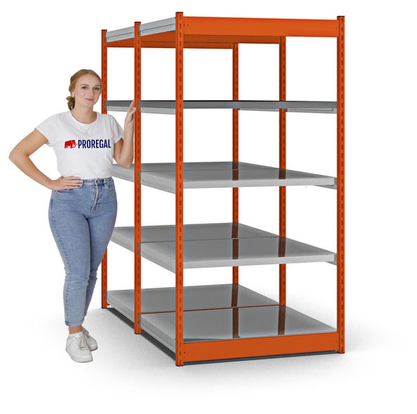 PROREGAL Fachbodenregal Stecksystem Vierkant-Profil Grundregal HxBxT 200 x 102,5 x 80 cm 2x5 Ebenen Doppelseitige Bauart Fachlast 200 kg Orange