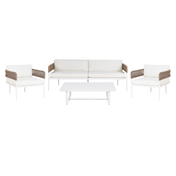 Gartensitzgruppe mit Sofa, zwei Sesseln und einem Tisch für den Außenbereich