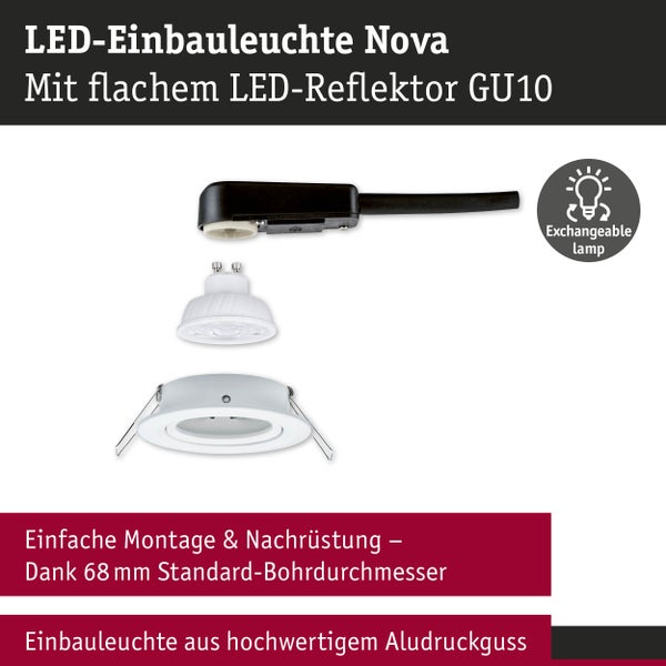 LED-Einbauleuchte Nova aus Aluminiumdruckguss mit austauschbarem GU10 Leuchtmittel und Halterung für 68 Millimeter Standard-Bohrdurchmesser.