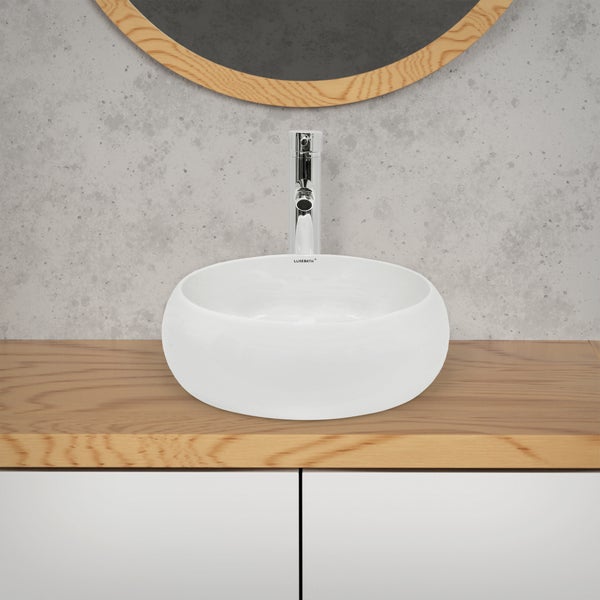 ECD Germany Waschbecken Waschtisch Ø 400 x 150 mm Rund, aus Keramik, Weiß,Aufsatzbecken Aufsatzwaschbecken Handwaschbecken Aufsatzwaschtisch Spülbecken Becken Wasserfall Waschschale Waschschüssel