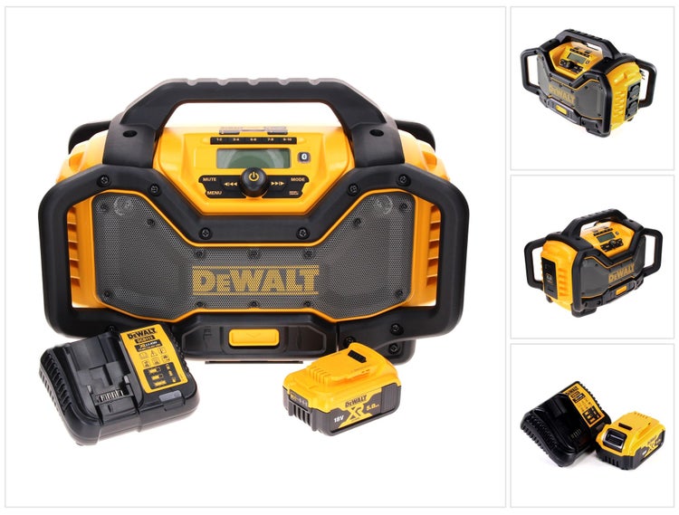 DeWalt Baustellenradio mit Akku und Ladegerät in verschiedenen Ansichten.