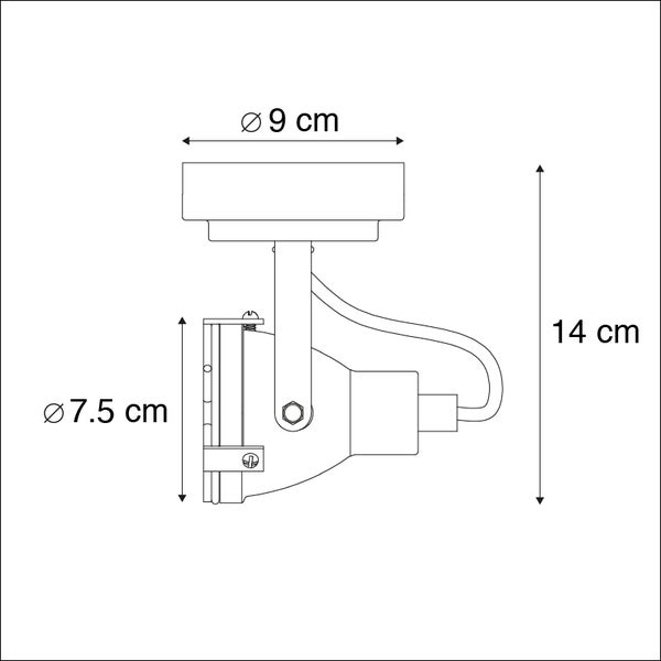 Technische Zeichnung einer Deckenleuchte mit den Maßen 9 cm Durchmesser oben, 7,5 cm Durchmesser des unteren Teils und einer Gesamthöhe von 14 cm.