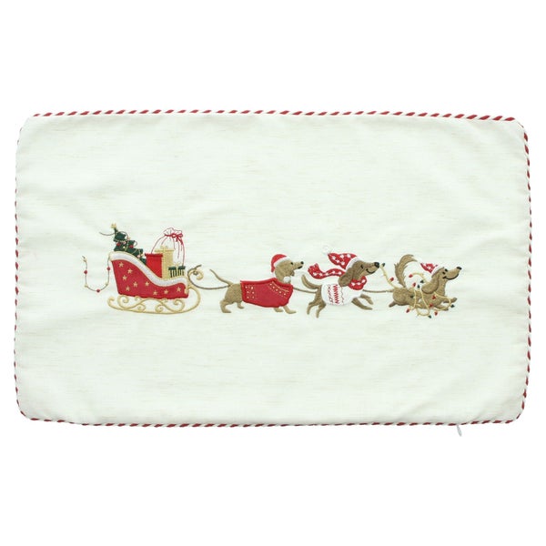 Weihnachtskissenbezug mit Dackel Stickerei Motiv und Schlitten Motiv
