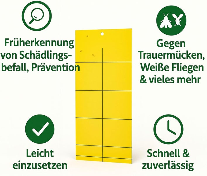 Gelbe Klebefalle zur Früherkennung von Schädlingen wie Trauermücken und Weißen Fliegen, einfache Anwendung, schnell und zuverlässig.