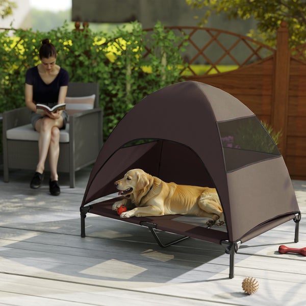 Hund im erhöhtem Hundebett mit Zelt im Garten, eine Frau liest ein Buch
