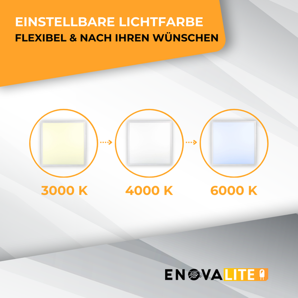 Grafik zeigt einstellbare Lichtfarben von dreitausend bis sechstausend Kelvin für eine LED Leuchte von Enovalite Logo.