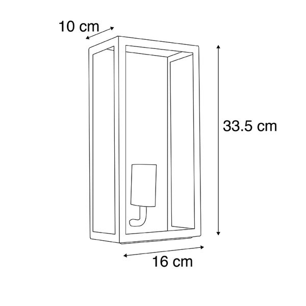 Technische Zeichnung einer Wandleuchte mit Maßen: Breite 16 Zentimeter, Höhe 33,5 Zentimeter und Tiefe 10 Zentimeter.