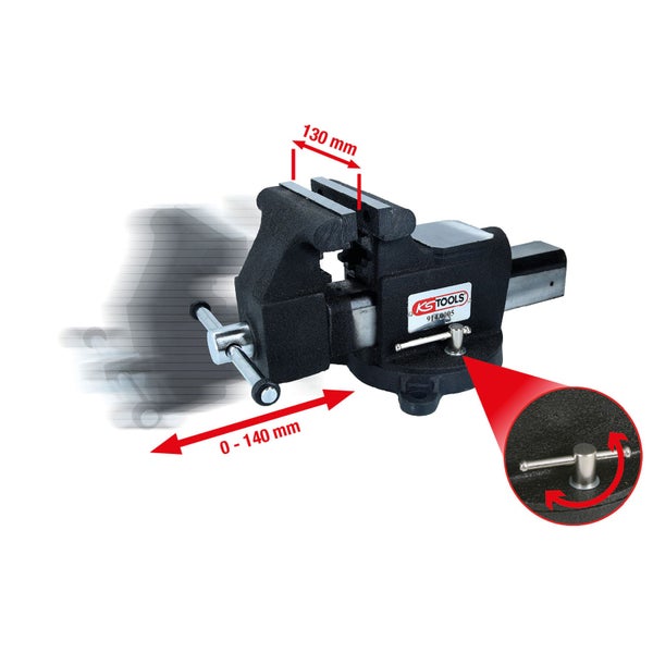 Schraubstock mit einer Spannweite von 0 bis 140 Millimeter und einer Backenbreite von 130 Millimeter.