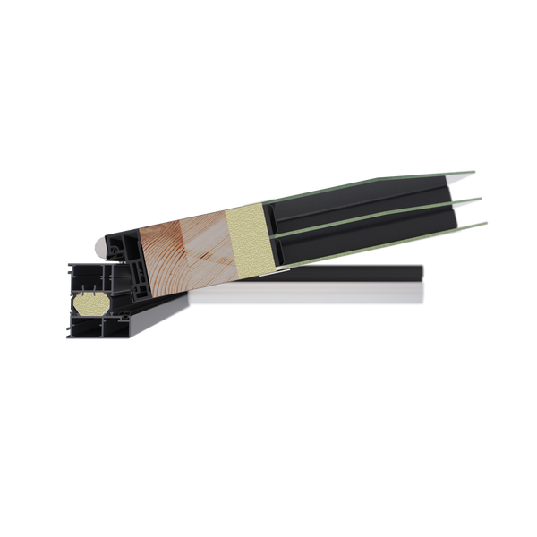 Querschnitt eines Fensterrahmens mit Holz-, Aluminium- und Dämmmaterialien