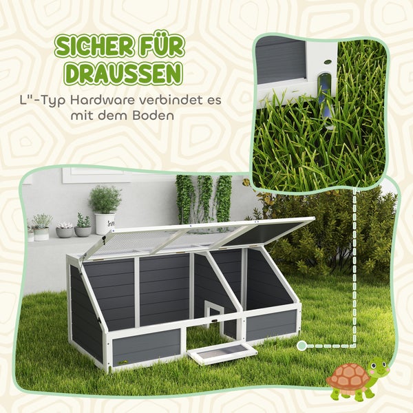 PawHut Schildkrötenhaus aus Holz, Schildkrötengehege mit zwei Haupthäusern, aufklappbarem Oberseite, Verschlüssel, Outdoor Reptilienkäfig für Kleintiere 120 x 55 x 50 cm, Hellgrau