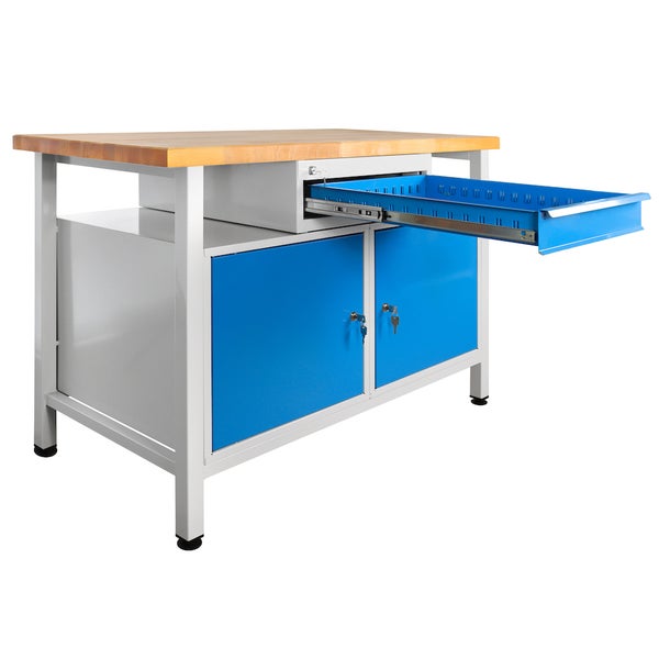 PROREGAL Werkbank Rhino mit Einzelschublade 2 Türen HxBxT 84 x 120 x 60 cm Traglast 300 kg Lichtgrau Blau