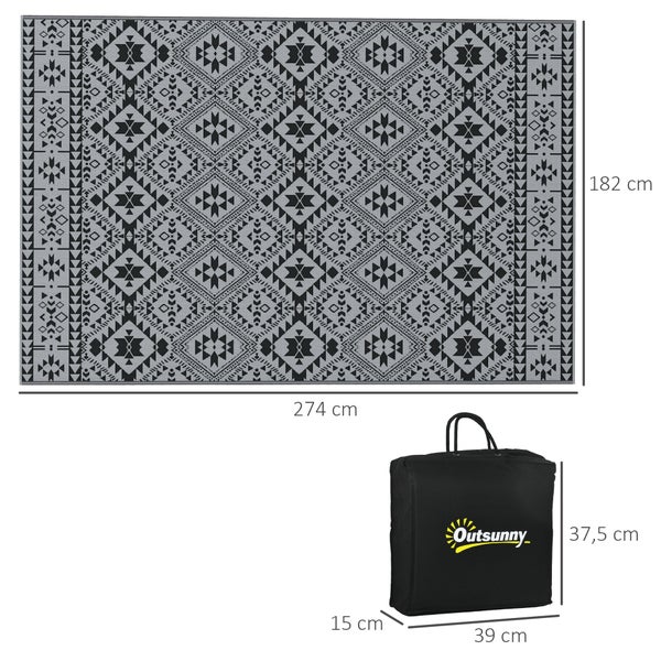 Outsunny Outdoor-Teppich, wasserabweisend, für Camping, Terrasse, 182 x 274 cm, Kunststoff, Schwarz+Grau