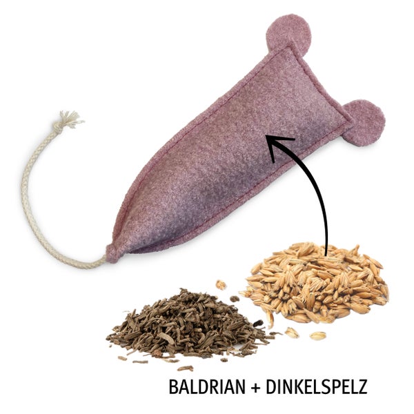 XL Spielmaus für Katzen im 2er Pack: Mit leckerer Katzenminze und betörendem Baldrian. Handgenähte Spielmäuse für Katzen aus reiner Schurwolle