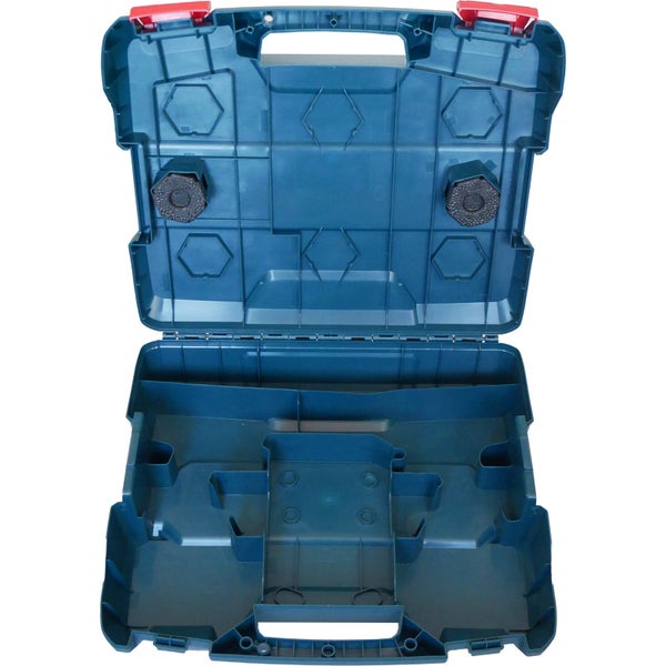 Offener blauer Werkzeugkoffer aus Kunststoff mit Innenfächern und roten Verschlüssen.