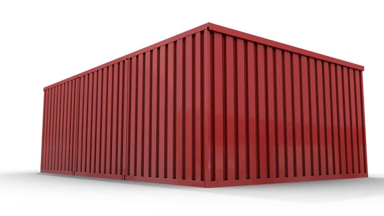Lagercontainer Gerätehaus L3  – 25 qm, H2150 x B4050 x T6520 mm, Außenwandlackierung RAL 3000 feuerrot, Dach außen verzinkt, mit Holzfußboden, 1830 mm Doppelflügeltür mittig in Modul D, montiert