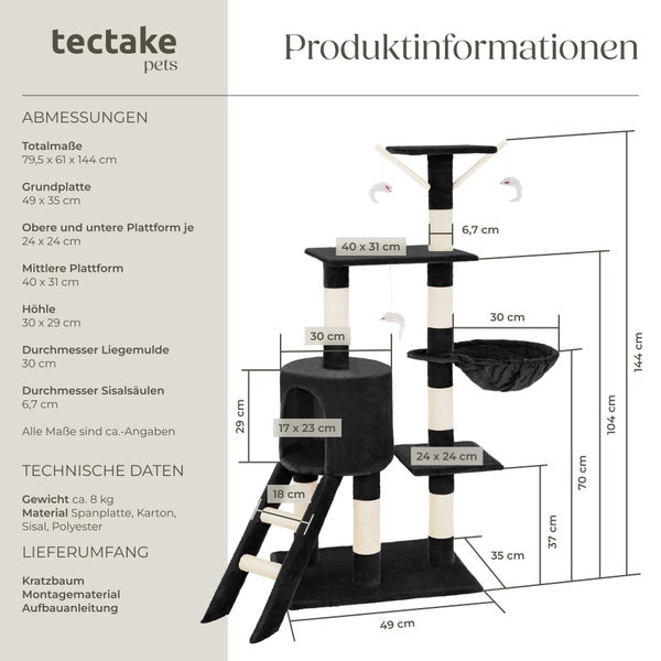 Kratzbaum tectake Dominik inklusive Treppe, 3 Spielmäusen und Kippschutz 144 cm schwarz