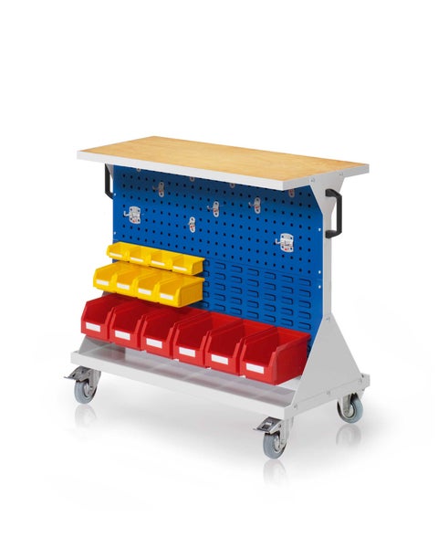 Werkbankwagen mit Lochwand und Kunststoffboxen