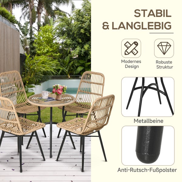 Gartenmöbel-Set: Tisch und 4 Stühle in Rattanoptik auf Terrasse. Symbole für modernes Design, robuste Struktur, Metallbeine und Anti-Rutsch-Füße.