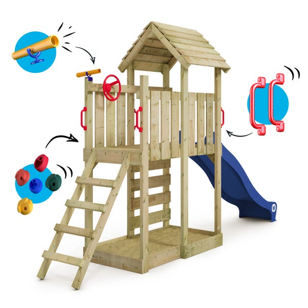 WICKEY Spielturm Klettergerüst JoyFlyer mit Rutsche, Kletterturm mit Sandkasten, Leiter und Spiel-Zubehör - blau