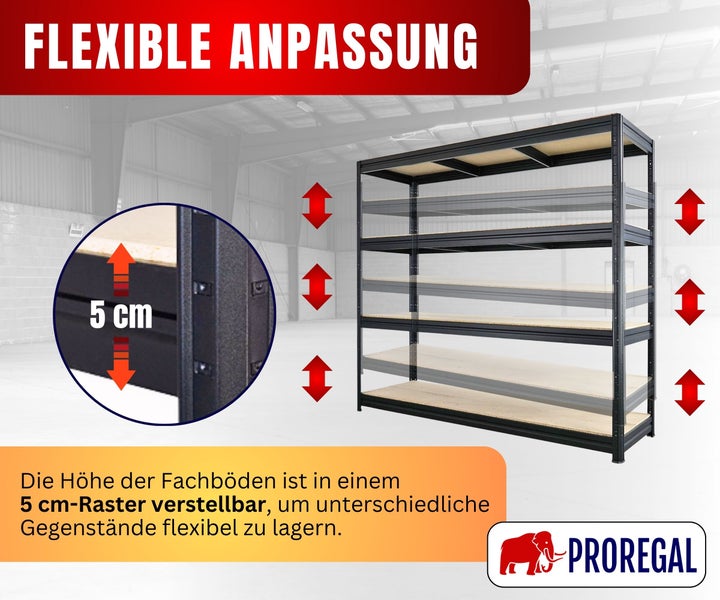 Schwerlastregal aus Metall mit fünf Fachböden. Die Höhe der Böden ist in einem 5 Zentimeter Raster verstellbar. Proregal Logo.