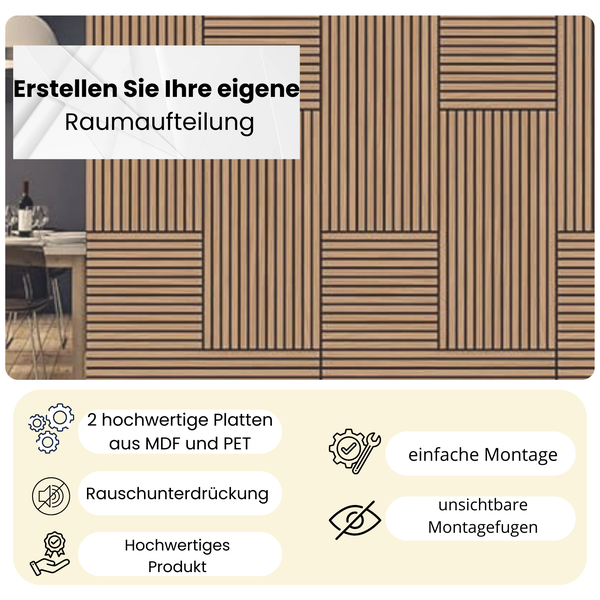 2 Stück 0,54m² / Lamellen 3d Paneele Holz Wandpaneele Deckenpaneele Dekoren/schalldämmung - PET Filz 6mm und MDF 9mm (11003C)